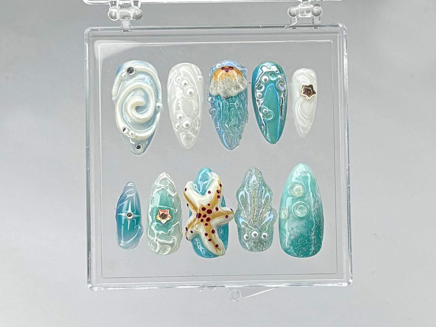 Ocean-Inspired Press On Nails | Stunning 3D Starfish On Fake Nails | summer press on nails | Luxurious pearls Ocean Nails | HD440TH