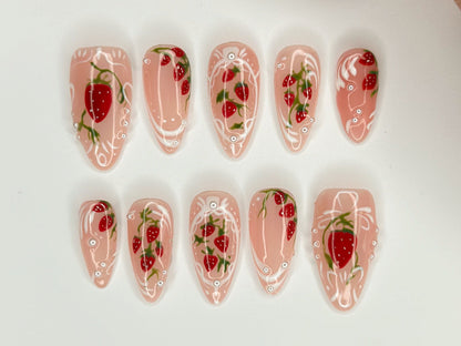 Pink Strawberry Garden Nails | Stand Out with 3D Gel Nail Set | Floral and Strawberry Patterns | Dreamy Garden on Your Fingertips | J271S