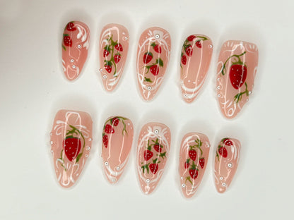 Pink Strawberry Garden Nails | Stand Out with 3D Gel Nail Set | Floral and Strawberry Patterns | Dreamy Garden on Your Fingertips | J271S