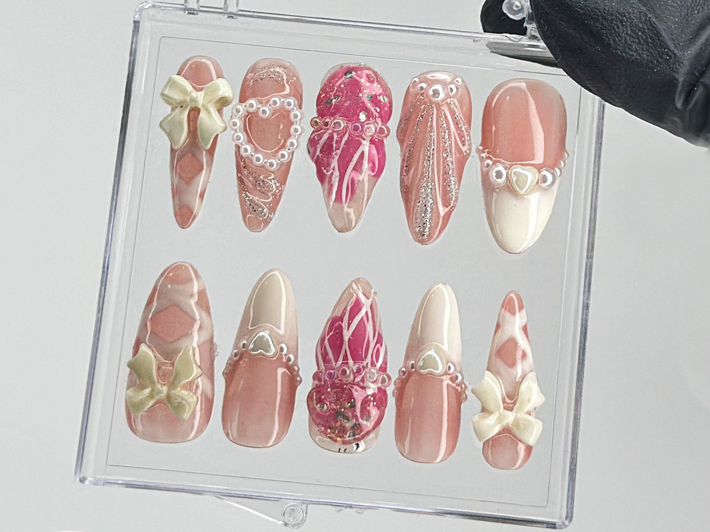 Romantic Bows Press On Nails | Custom Pearl and Glitter Patterns On Fake Nails | French Tip Nail Art | Cute Jellyfish Gyaru Nails | HD410T