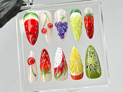 Colorful Fruit Press On Nails | Summer Holiday Fake Nails | Vibrant Fruit Nail Art | Tropical Fruit Press On Nails | Press Ons | HD448TL