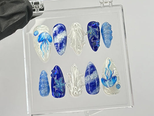 Mystical Ocean Press On Nails | Handcrafted with Jellyfish On Fake nails | Custom Press Ons | summer press on nails | HD449T