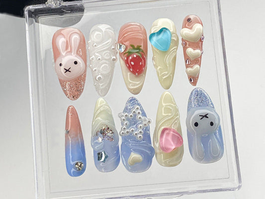 Cartoon Miffy Press On Nails | Heartbeat Nails Press On | Pink 3D Nail Art | Strawberry Fake Nail | Bunny Kawaii Nail Polish | HD411Y