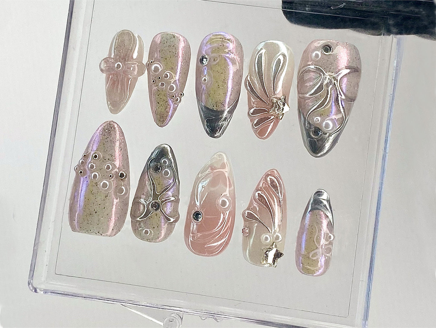 Pink 3D Gel Raised Press On Nail | Fluttery Butterfly Nail Art | Y2K Style Nails | Secret Garden Flower Nails | Silver Fake Nails | HD412Y