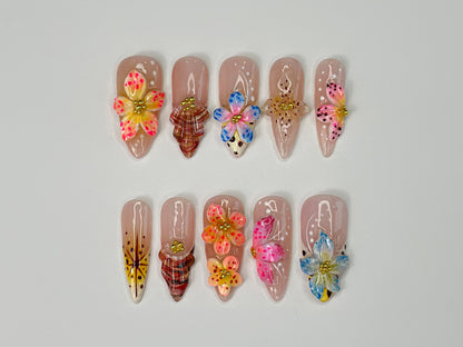 Vibrant Floral 3D Gel Nail Set | Colorful Press On Nails | Beautiful Y2K 3D Gel Manicure | Unique Y2K Floral Patterns | Gift For Mom | J329S