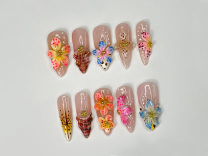 Vibrant Floral 3D Gel Nail Set | Colorful Press On Nails | Beautiful Y2K 3D Gel Manicure | Unique Y2K Floral Patterns | Gift For Mom | J329S