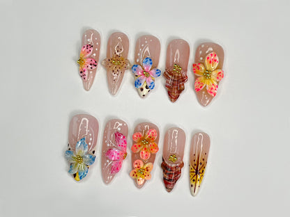 Vibrant Floral 3D Gel Nail Set | Colorful Press On Nails | Beautiful Y2K 3D Gel Manicure | Unique Y2K Floral Patterns | Gift For Mom | J329S