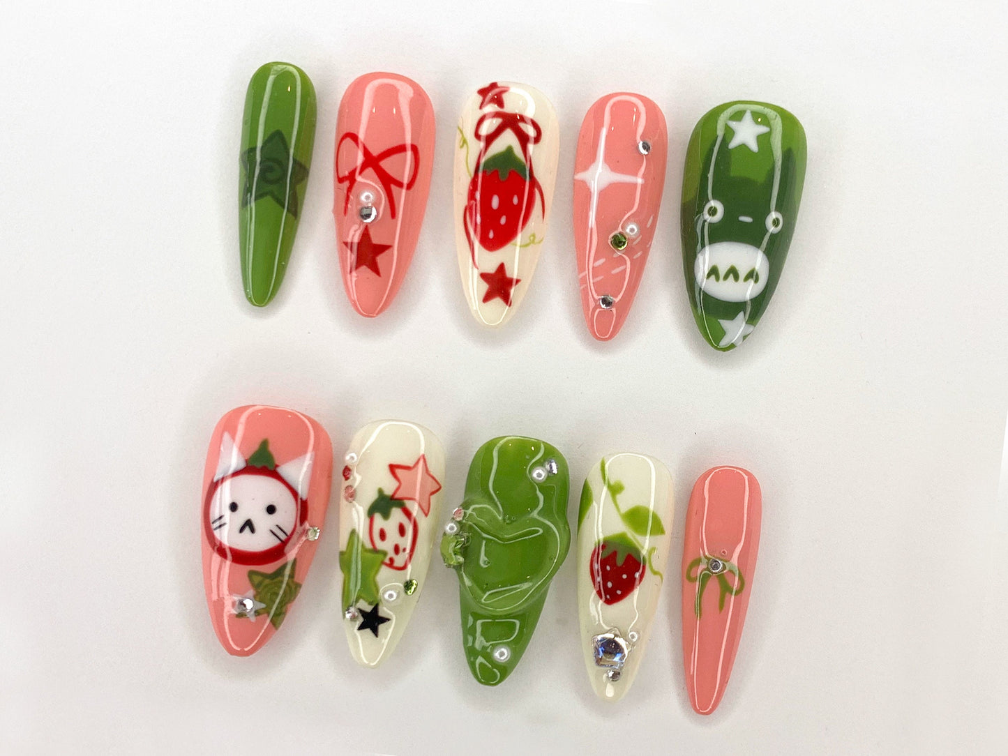 Ghibli Long Almond Press On Nails | Free Style Handpainted Cartoon in Fake Nails | Anime Nails Art | Miffy Nails | Abstract Nails| J284S - DoryNail