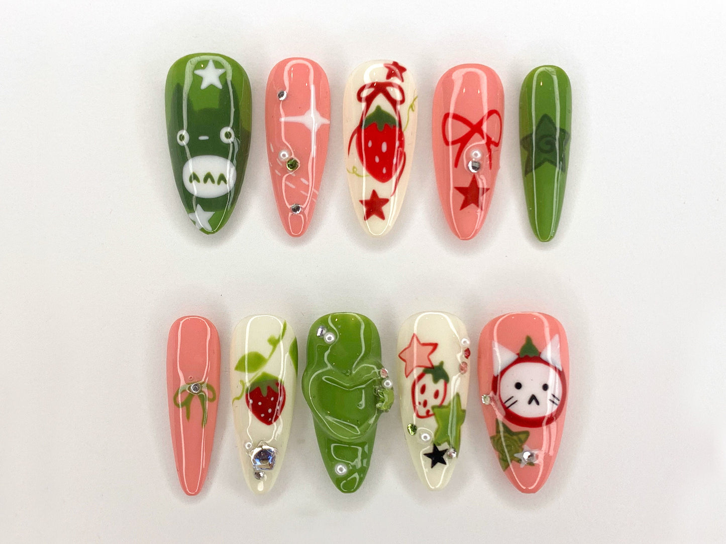 Ghibli Long Almond Press On Nails | Free Style Handpainted Cartoon in Fake Nails | Anime Nails Art | Miffy Nails | Abstract Nails| J284S - DoryNail