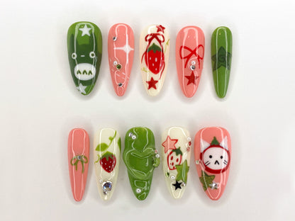 Ghibli Long Almond Press On Nails | Free Style Handpainted Cartoon in Fake Nails | Anime Nails Art | Miffy Nails | Abstract Nails| J284S - DoryNail