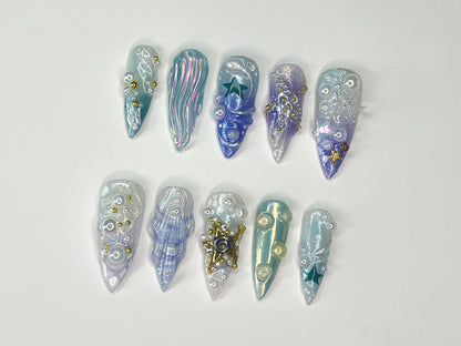 3D Tropical Beach Press On Nails | Ocean-Themed with Seaweed, Seashells, and Starfish | Handmade Press On Nails | J328SL