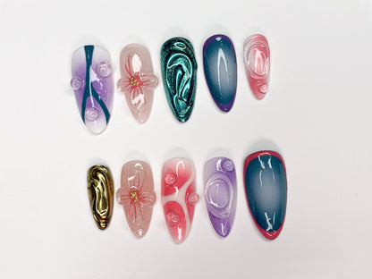 Vibrant 3D Press On Nails | Handcrafted Press On Nails with Floral and Abstract Designs | Perfect for Any Occasion | J321SL