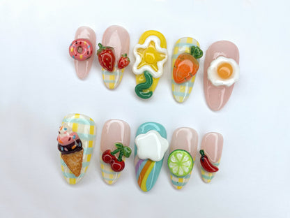 Fun and Whimsical 3D Nail Art Set | Food and Fruit Designs with Eggs, Carrots, Ice Cream, and More | Handmade Press On Nails | J299SL