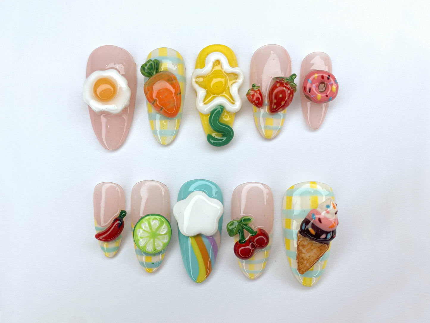 Fun and Whimsical 3D Nail Art Set | Food and Fruit Designs with Eggs, Carrots, Ice Cream, and More | Handmade Press On Nails | J299SL