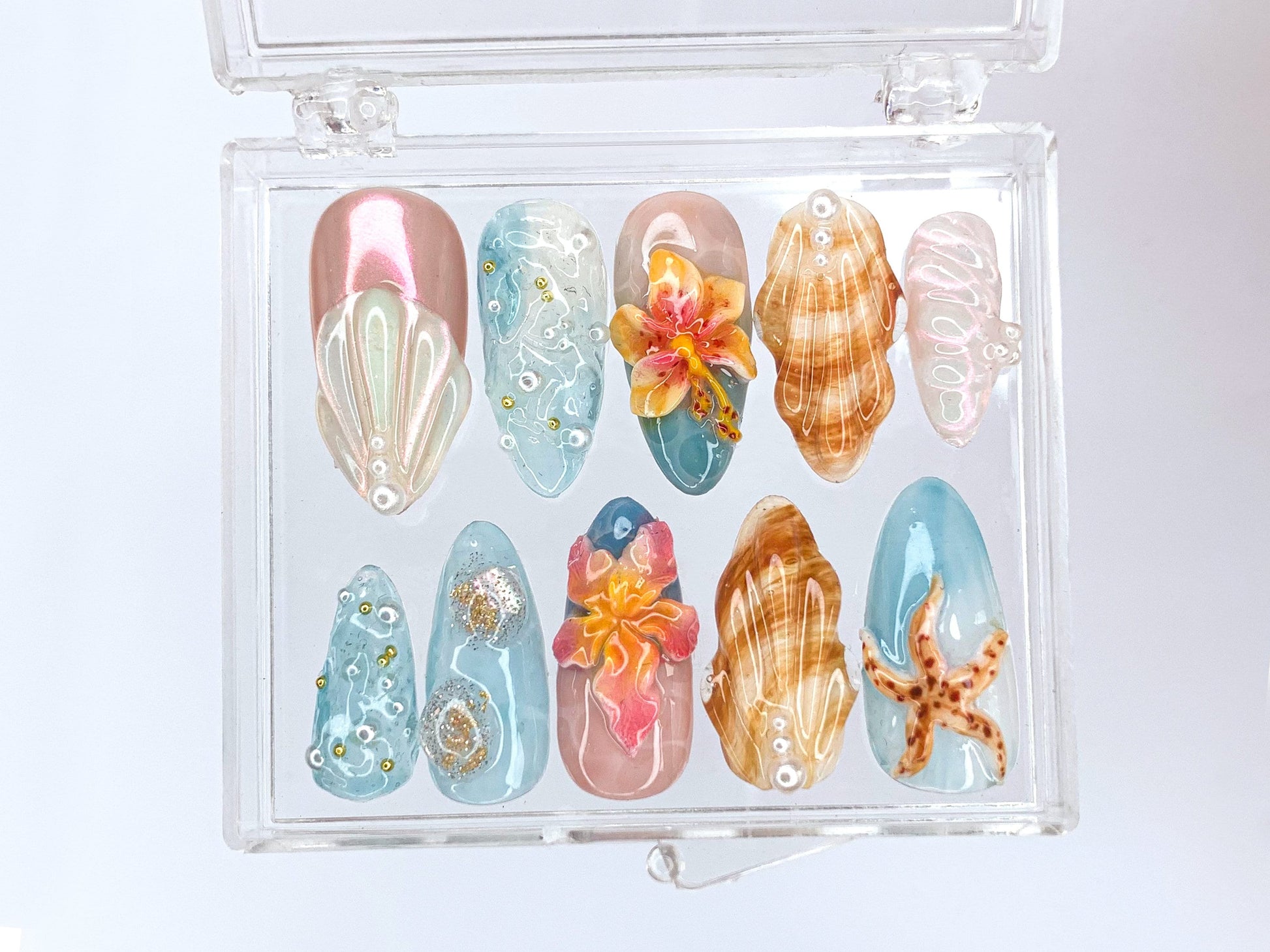 Tropical Beach 3D Press On Nails | Ocean-Inspired Designs with Flowers, Seashells, and Starfish | Handmade Press On Nails | HD421SL - DoryNail