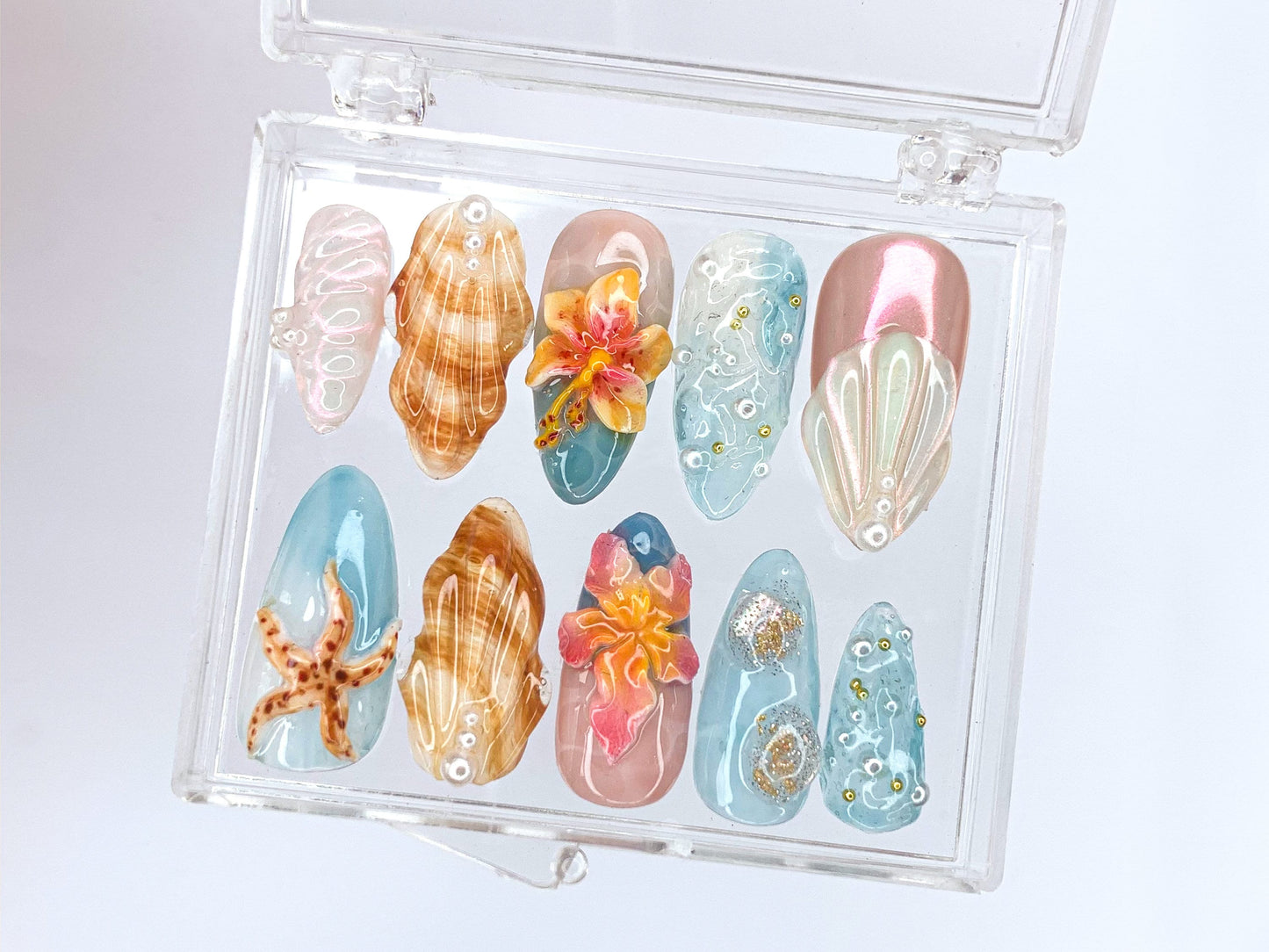 Tropical Beach 3D Press On Nails | Ocean-Inspired Designs with Flowers, Seashells, and Starfish | Handmade Press On Nails | HD421SL - DoryNail