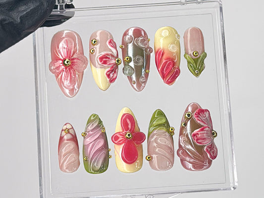 Designer Floral Press On Nails | Luxury 3D Flower Nail Art | Custom Press On Nails | Romantic Nail Art in Fake Nails | Press Ons | HD453TL