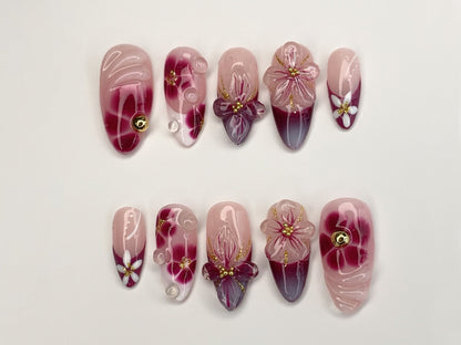 Elegant Floral Press-On Nails | Handcrafted Pink - Burgundy Gradient | 3D Flowers - Rhinestone Accents| Perfect for Special Occasions|J349SL