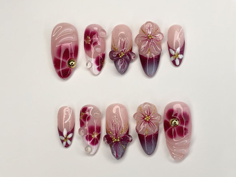 Elegant Floral Press-On Nails | Handcrafted Pink - Burgundy Gradient | 3D Flowers - Rhinestone Accents| Perfect for Spec