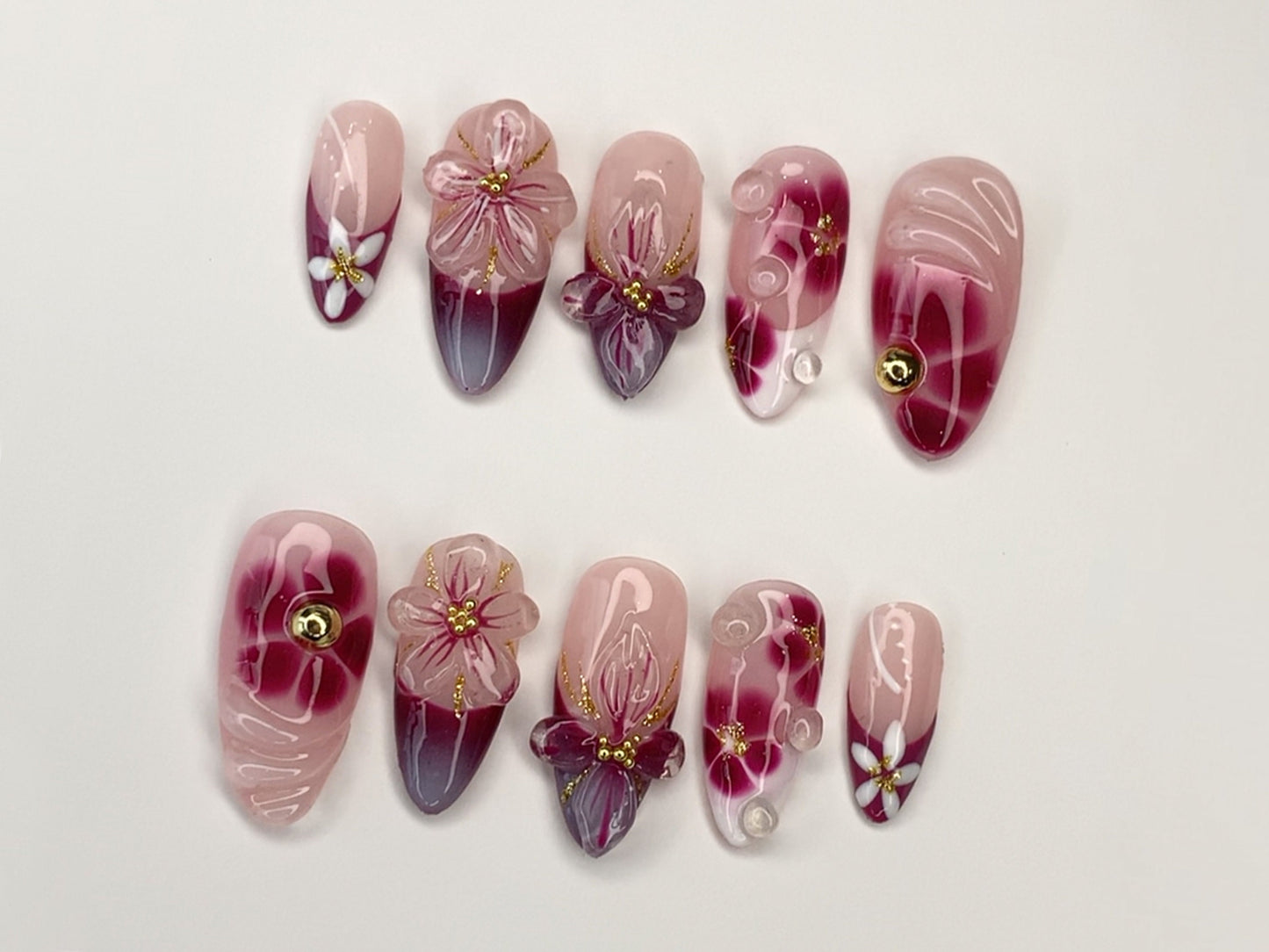 Elegant Floral Press-On Nails | Handcrafted Pink - Burgundy Gradient | 3D Flowers - Rhinestone Accents| Perfect for Special Occasions|J349SL