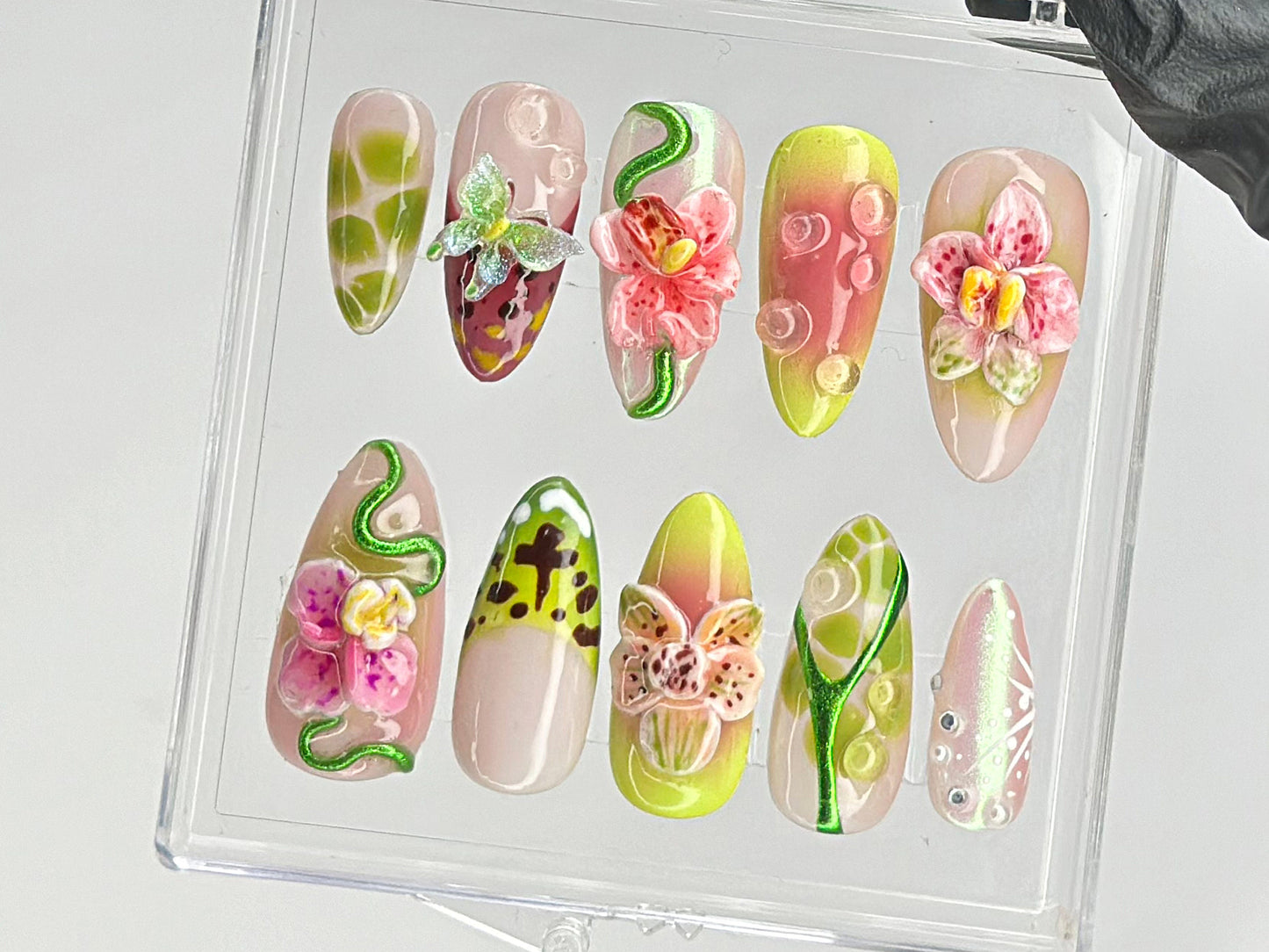 Floral Orchid Press On Nails | Intricate Flower and Leaf Patterns On Fake Nails | press on nails almond | Romantic Nail Art | HD424TL