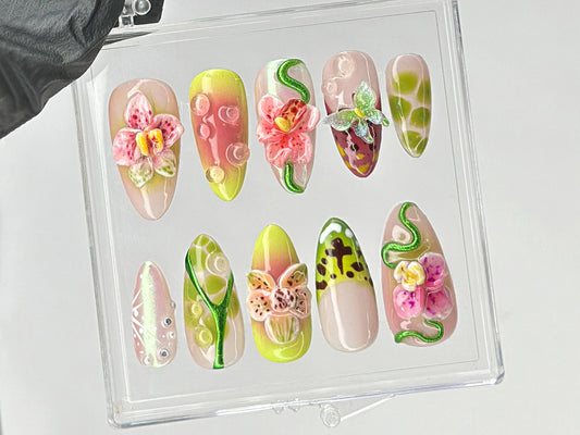 Floral Orchid Press On Nails | Intricate Flower and Leaf Patterns On Fake Nails | press on nails almond | Romantic Nail Art | HD424TL