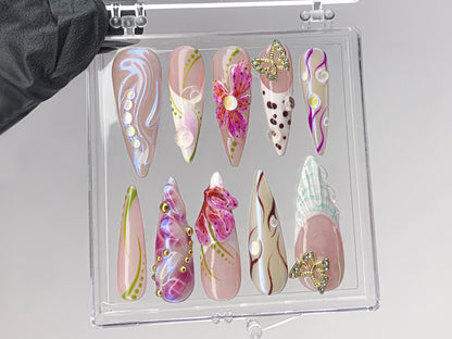 Luxurious butterfly Press On Nails | Stunning 3D Floral On Fake Nails | French Tips Nail Art | Nail Charms, gyaru nails | press ons| HD429TK