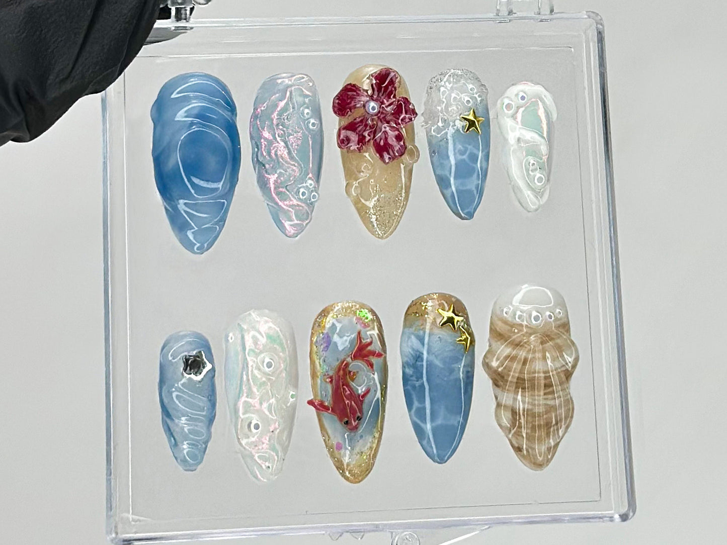 Ocean-Inspired Press On Nails | 3D Sea Shell and Starfish Ocean Nails | nails press on | Summer nails | Koi fish Acrylic nails  | HD430TH