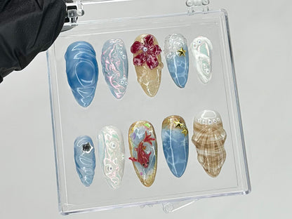 Ocean-Inspired Press On Nails | 3D Sea Shell and Starfish Ocean Nails | nails press on | Summer nails | Koi fish Acrylic nails  | HD430TH