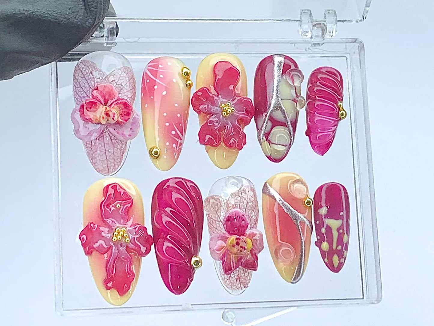 Blooming Flowers Press On Nails | 3D Chrome Flowers Acrylic Nails | Stunning Floral False Nails Press On| Spring Summer Nail Art | HD423YL - DoryNail