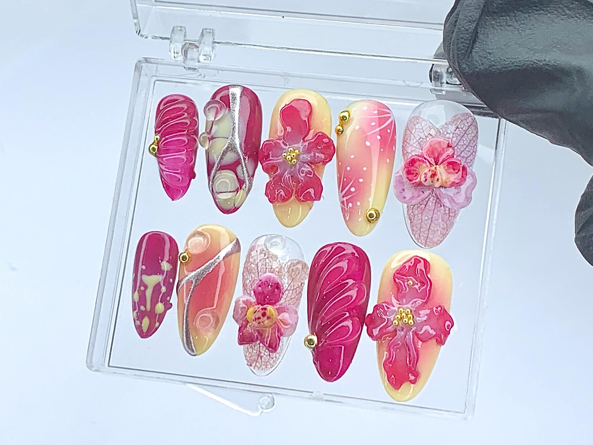 Blooming Flowers Press On Nails | 3D Chrome Flowers Acrylic Nails | Stunning Floral False Nails Press On| Spring Summer Nail Art | HD423YL - DoryNail