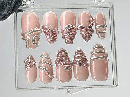 Luxury Rose Gold Press On Nails | Unique 3D Chrome Accents On Fake Nails | French Tips chrome Nail Art | Gift for her | HD538T