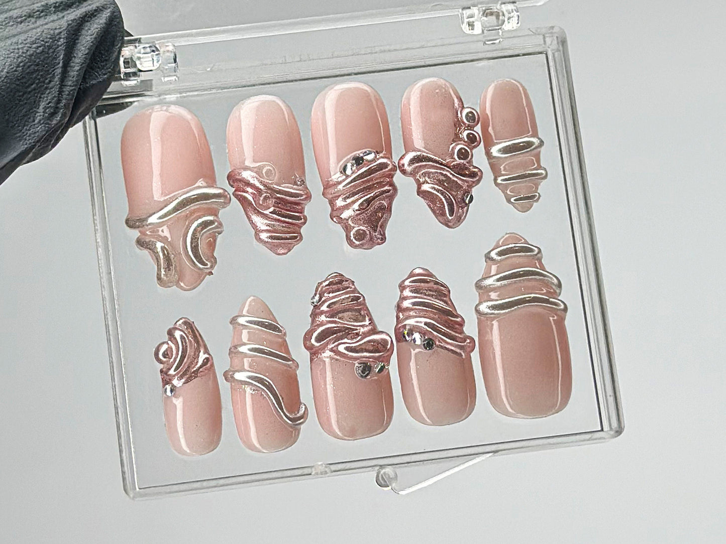 Luxury Rose Gold Press On Nails | Unique 3D Chrome Accents On Fake Nails | French Tips chrome Nail Art | Gift for her | HD538T