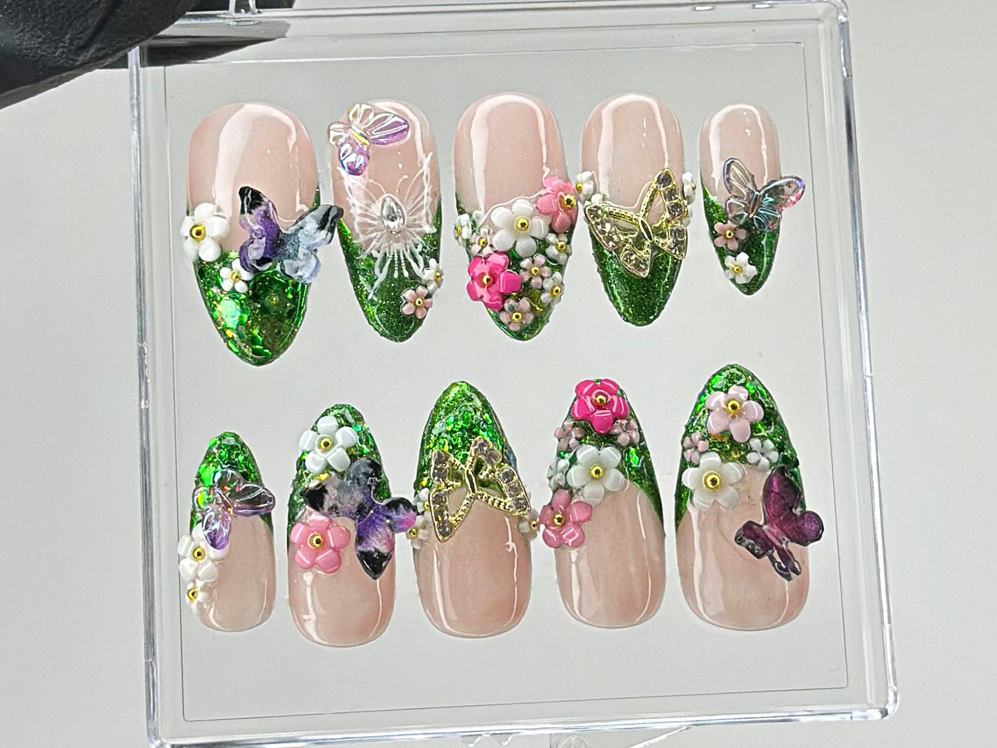 Luxury Green Glitter Press On Nails | Handcrafted Secret Garden Press On Nails |3D Butterfly and Floral Nail Art | Spring nails | HD435TL