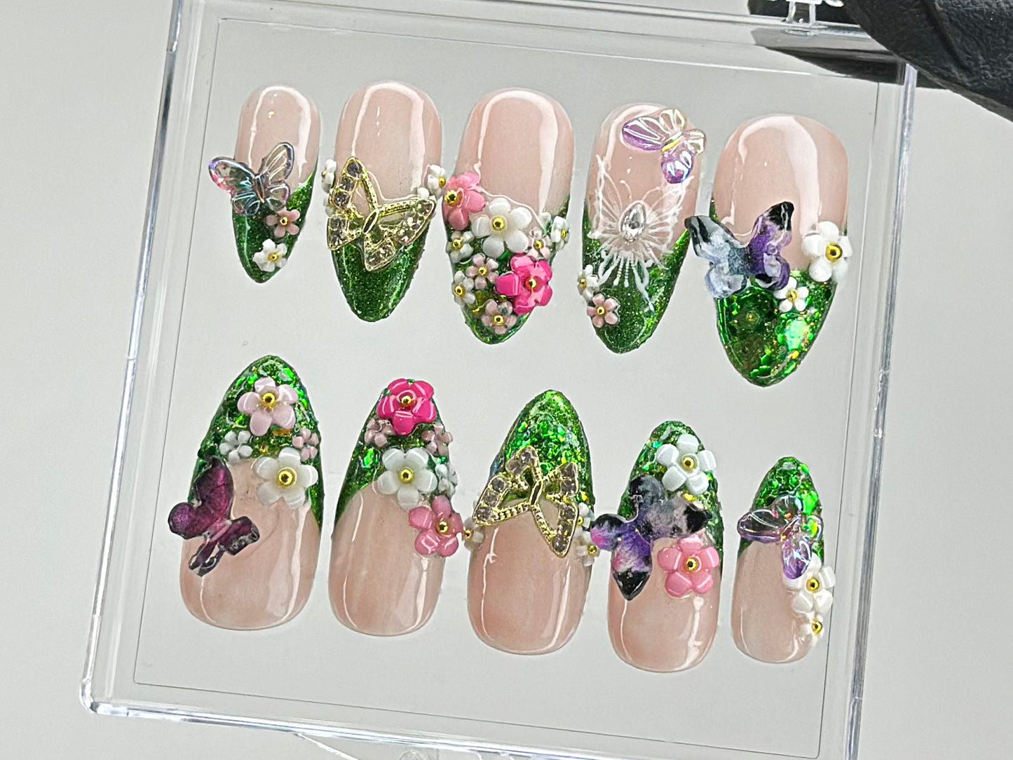 Luxury Green Glitter Press On Nails | Handcrafted Secret Garden Press On Nails |3D Butterfly and Floral Nail Art | Spring nails | HD435TL