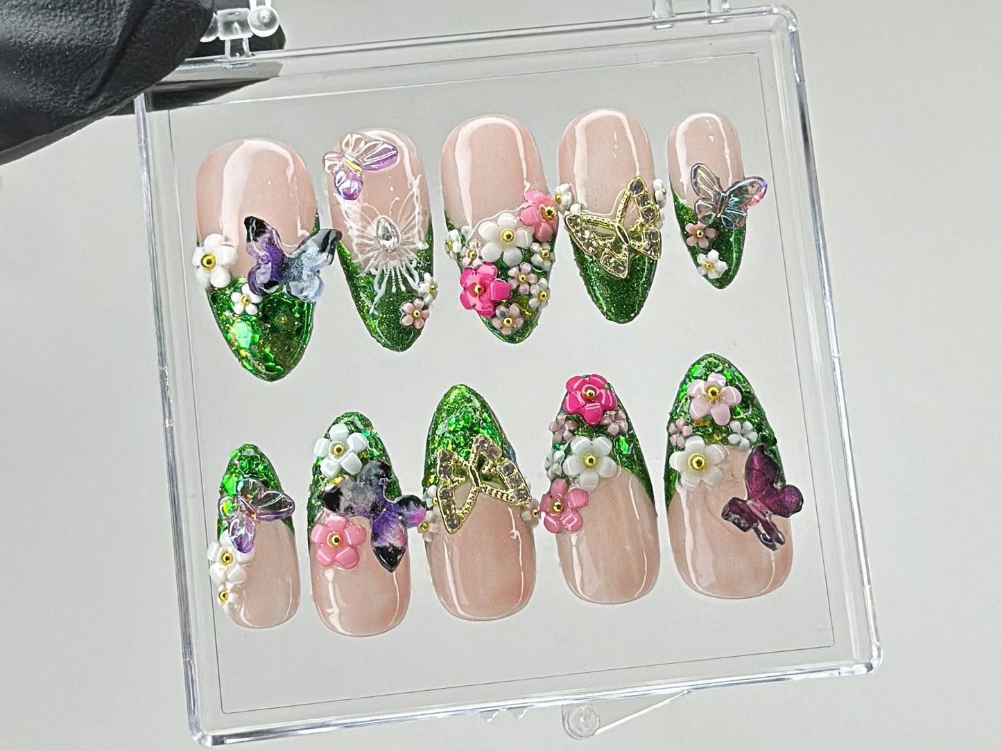 Luxury Green Glitter Press On Nails | Handcrafted Secret Garden Press On Nails |3D Butterfly and Floral Nail Art | Spring nails | HD435TL