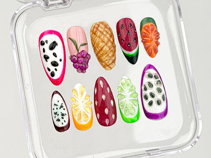 Fruit-themed Press On Nails for a Splash of Color | Tropical Delight On Fake nails | Vibrant Fruit Delight Nail Art | Acrylic Nails | HD360T