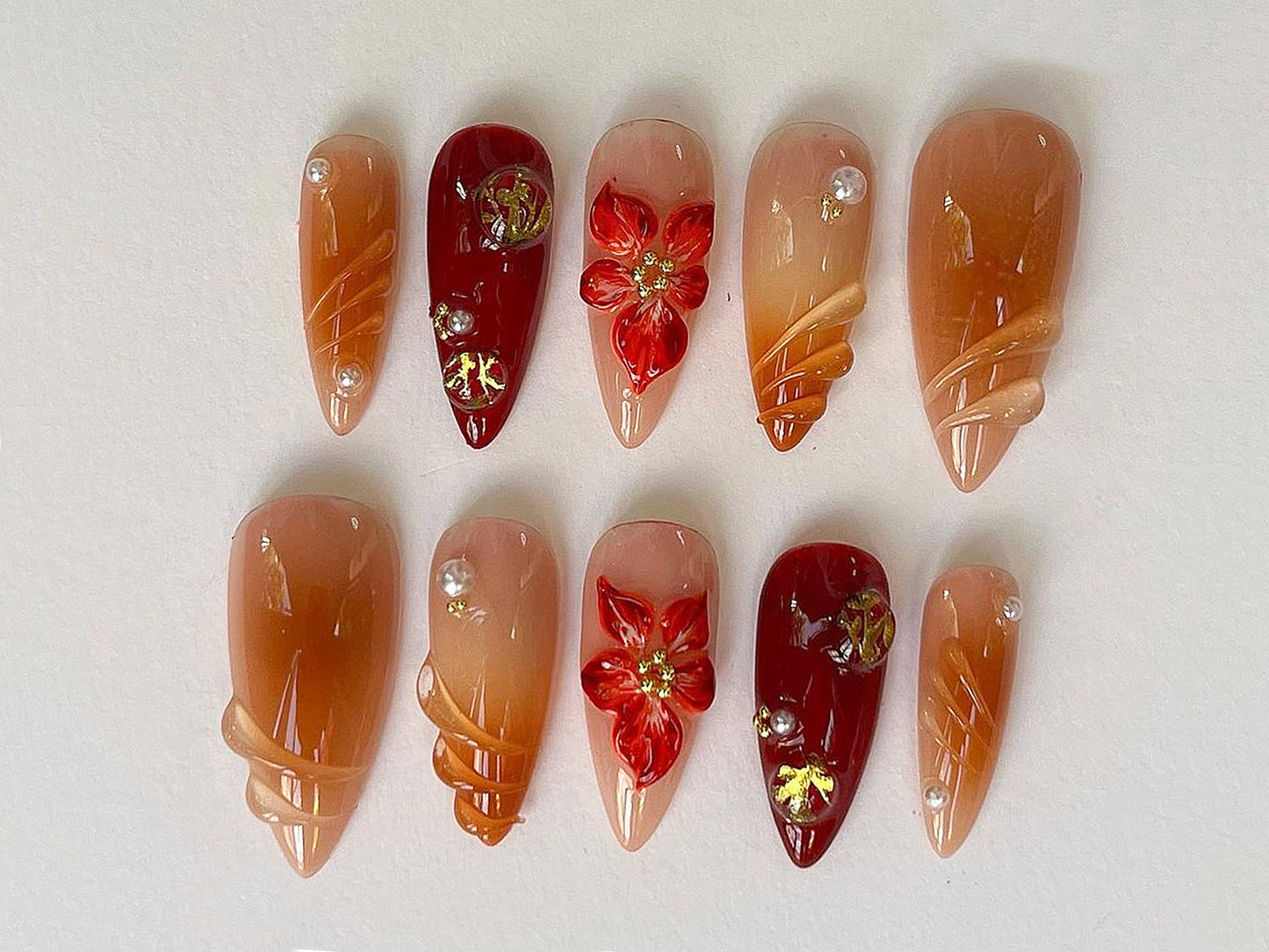 Custom Flower Fairycore Nails | Press On Nails Almond | Dreamy 3D Orchad Floral Press-Ons | Hand-painted Acrylic Spring Fake Nails | J369A