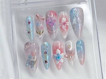 Enchanted Garden Press-On Nails | Floral and Butterfly 3D Nail Art | Handcrafted Fake Nails | Nail Charms | Press Ons | Gift for her| HD462T