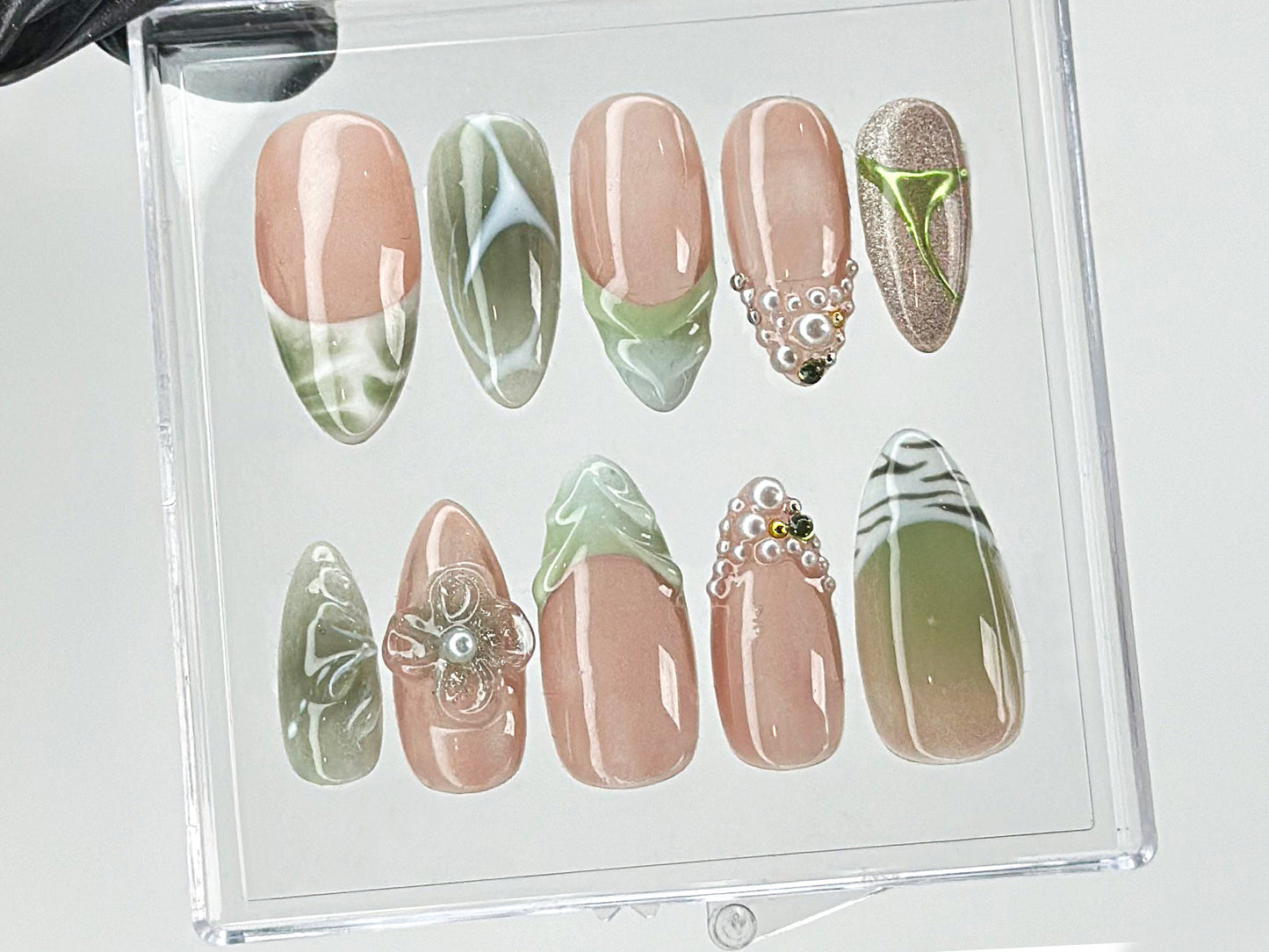 Green French Tips Press On Nails | Luxury False Nails with Floral and Leaf Designs | 3D Floral Nail Art| Summer nails | nail charms| HD467TG