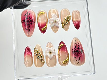 Luxury Golden Accented Press On Nails | Dreamy 3D Floral Press-Ons | Hand-painted Acrylic Spring Fake Nails | French tip press ons | HD468TH