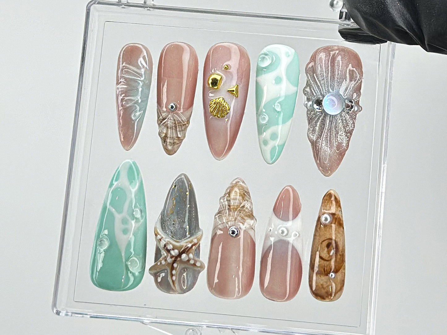 Ocean-Inspired Press On Nails with 3D Starfish | y2k nails |Ocean Nails | Fake Nails | summer press on nails |acrylic press on nails |HD469T