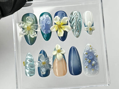 Elegant 3D Floral Press On Nails | Hand-painted Acrylic Spring Fake Nails | Ocean Blue and Pearl Nail Art | Nail Charms | Press Ons |HD439TL