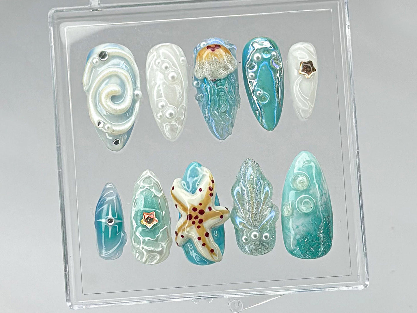 Ocean-Inspired Press On Nails | Stunning 3D Starfish On Fake Nails | summer press on nails | Luxurious pearls Ocean Nails | HD440TH