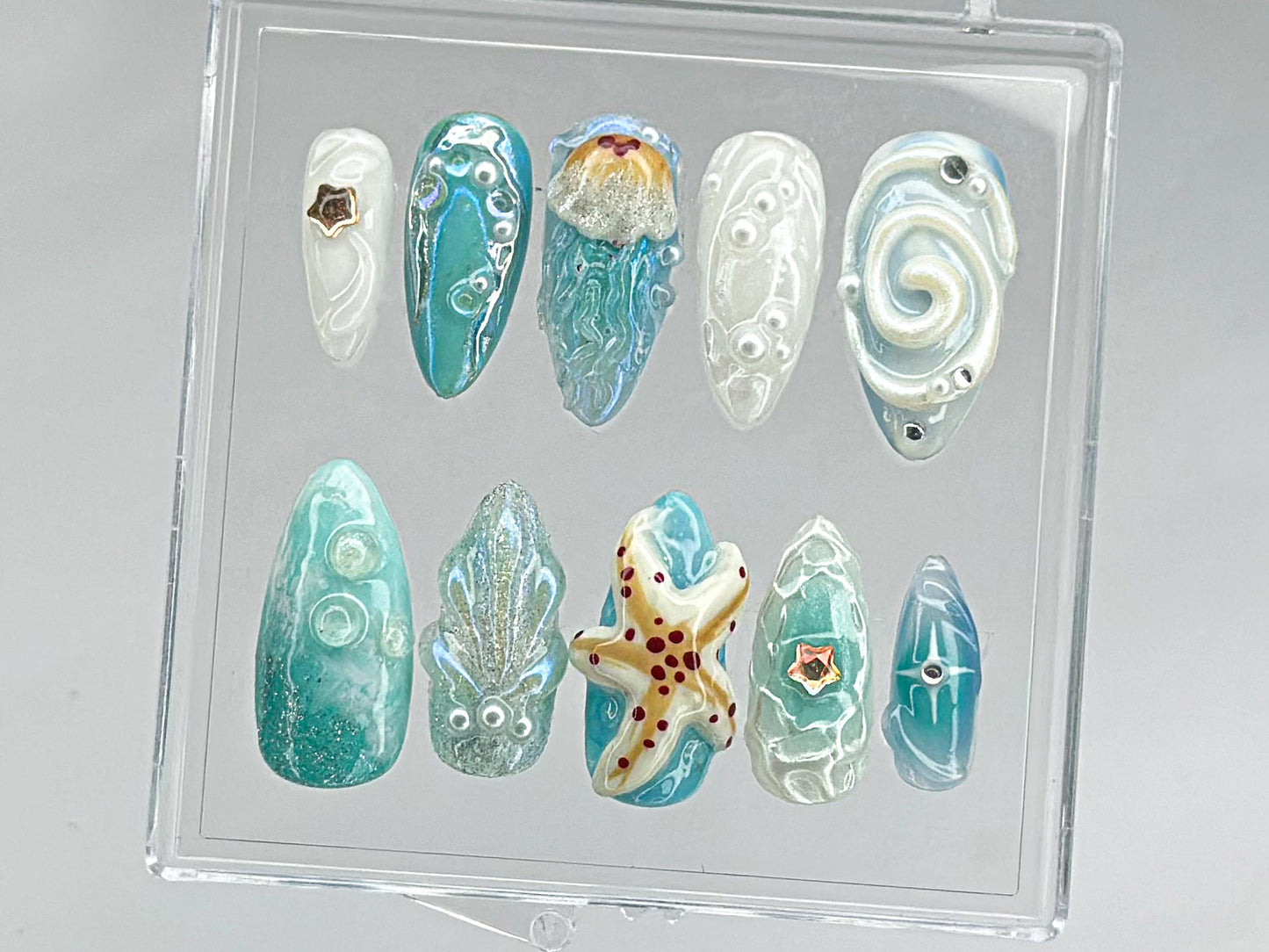 Ocean-Inspired Press On Nails | Stunning 3D Starfish On Fake Nails | summer press on nails | Luxurious pearls Ocean Nails | HD440TH