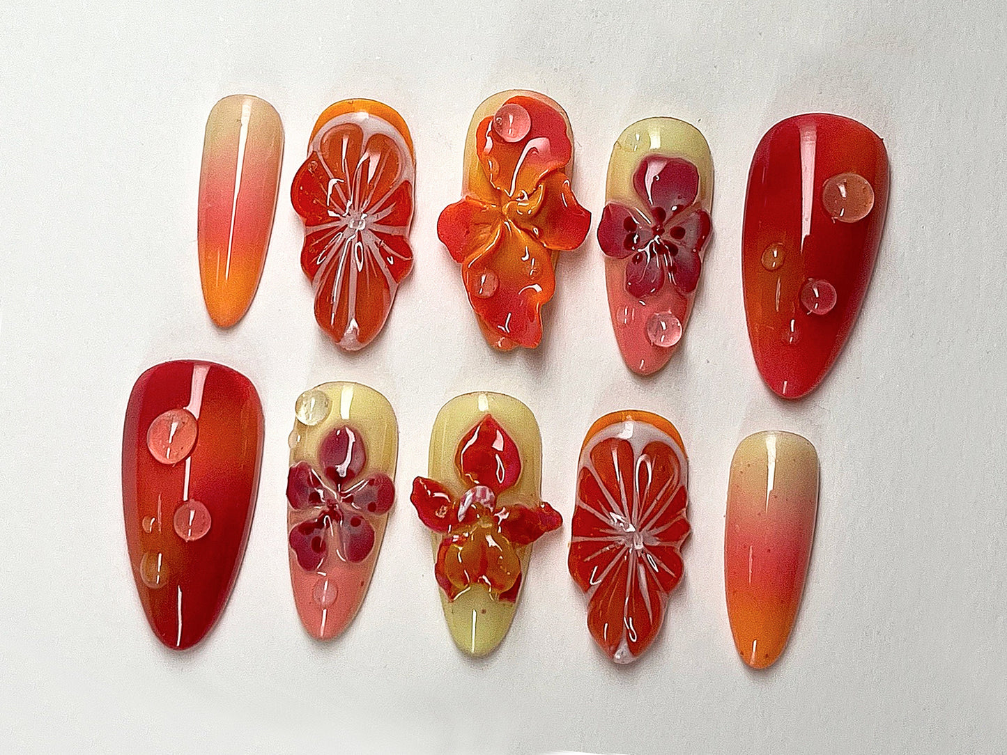 Summer Blossom Press On Nails | Tropical Sunset 3D Gel Floral Ombre Nail Art | Custom Handmade Floral Nails | Dreamy Almond Nails | J403A