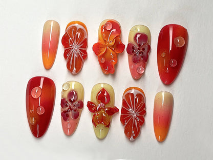 Summer Blossom Press On Nails | Tropical Sunset 3D Gel Floral Ombre Nail Art | Custom Handmade Floral Nails | Dreamy Almond Nails | J403A