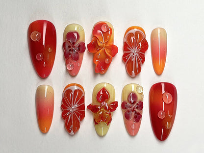 Summer Blossom Press On Nails | Tropical Sunset 3D Gel Floral Ombre Nail Art | Custom Handmade Floral Nails | Dreamy Almond Nails | J403A