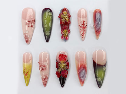 Custom Dreamy Press On Nails | 3D Jelly Orchids Nail Art | Hand-painted Acrylic Floral Press-Ons | FairyCore Flower Fake Nails | J330AK