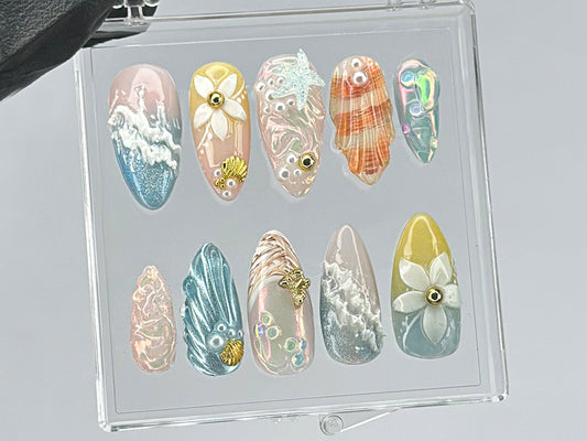 Ocean Dream Press On Nails | Aquatic Elegance Nail Art | Unique Press Ons with Pearl | summer press on nails |ocean press on nails | HD445TK